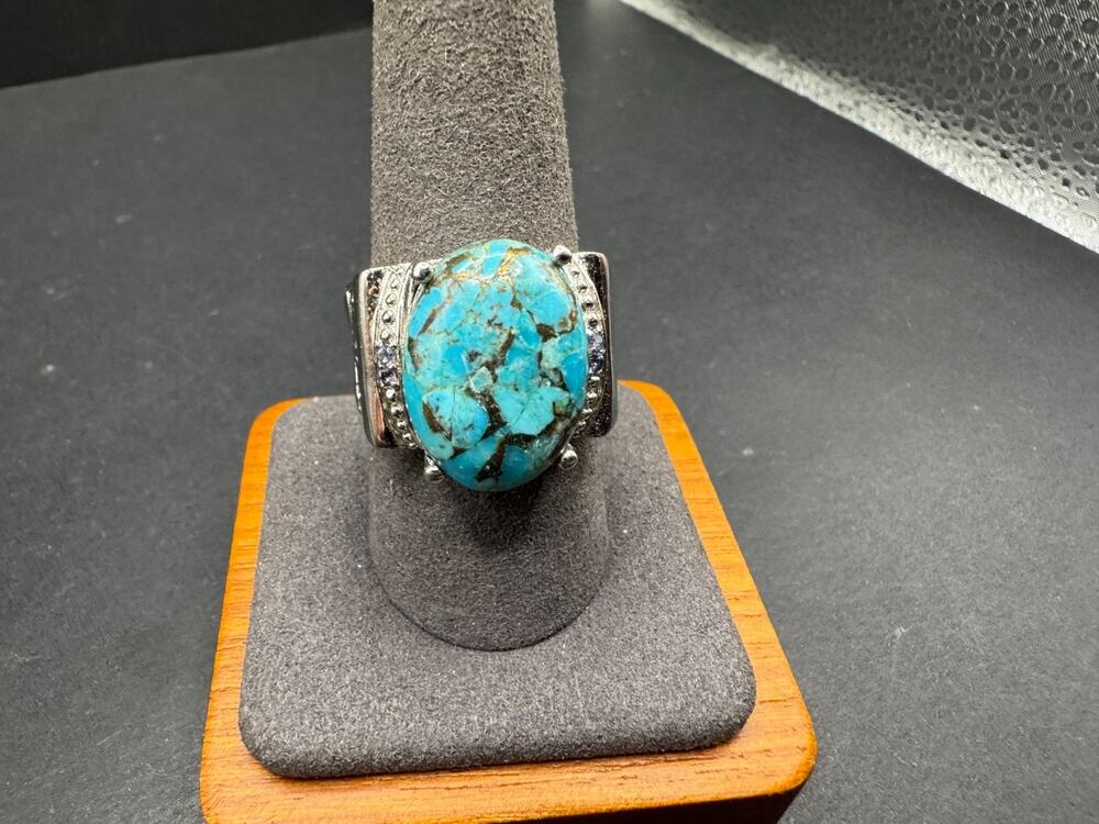 Vtg Chuck Clemency STS Turquoise 925 Sterling Silver Boho Cocktail Ring Sz 10